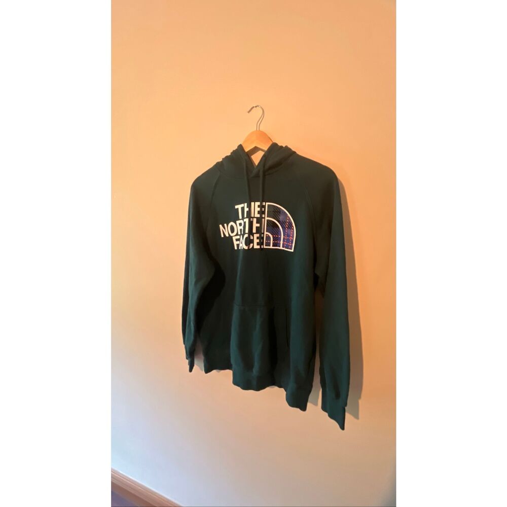 The North Face Women's Large Green Pullover Hoodie Plaid Logo Graphic Sweatshirt - Picture 2 of 7